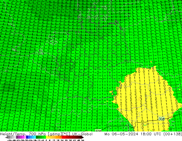 Height/Temp. 700 hPa UK-Global Mo 06.05.2024 18 UTC