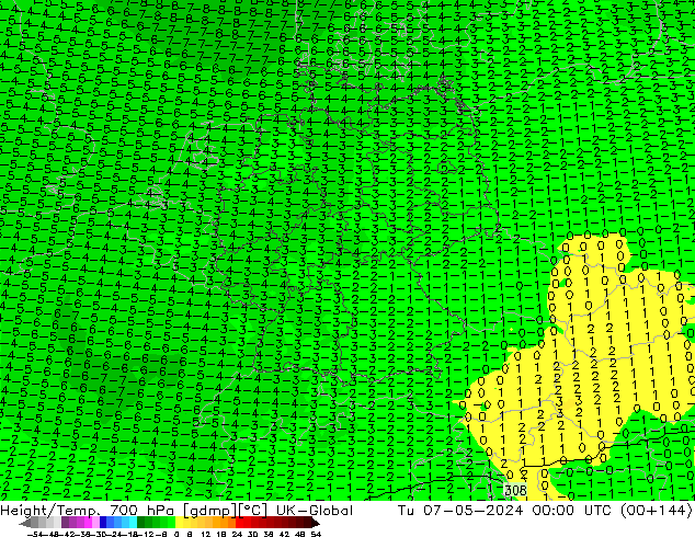 Height/Temp. 700 hPa UK-Global Tu 07.05.2024 00 UTC