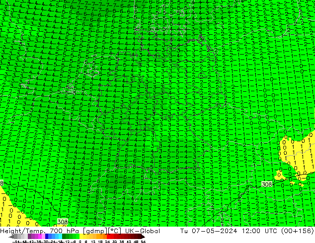 Geop./Temp. 700 hPa UK-Global mar 07.05.2024 12 UTC