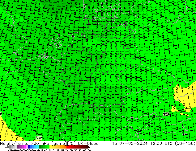 Height/Temp. 700 hPa UK-Global  07.05.2024 12 UTC