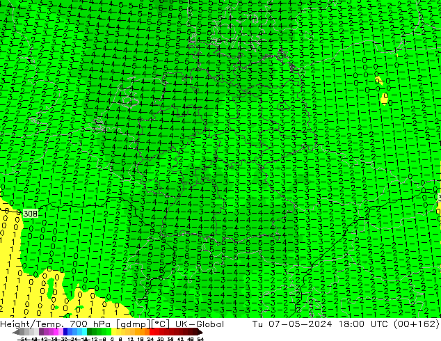 Yükseklik/Sıc. 700 hPa UK-Global Sa 07.05.2024 18 UTC