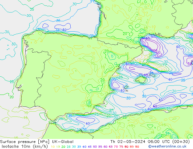 Isotachen (km/h) UK-Global do 02.05.2024 06 UTC