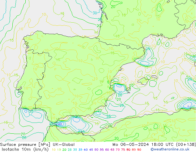 Isotachs (kph) UK-Global  06.05.2024 18 UTC