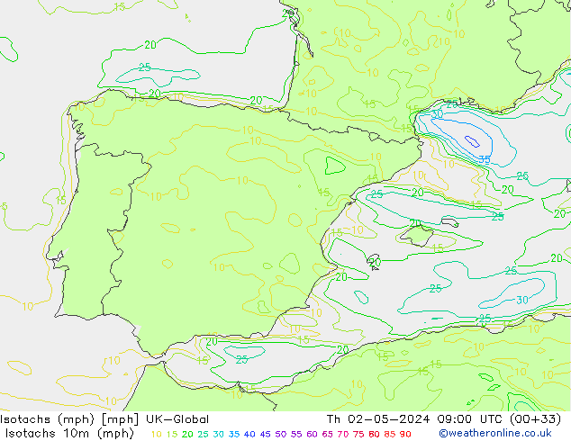 Isotachs (mph) UK-Global чт 02.05.2024 09 UTC