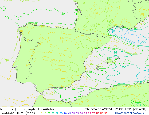 Isotachs (mph) UK-Global Čt 02.05.2024 12 UTC