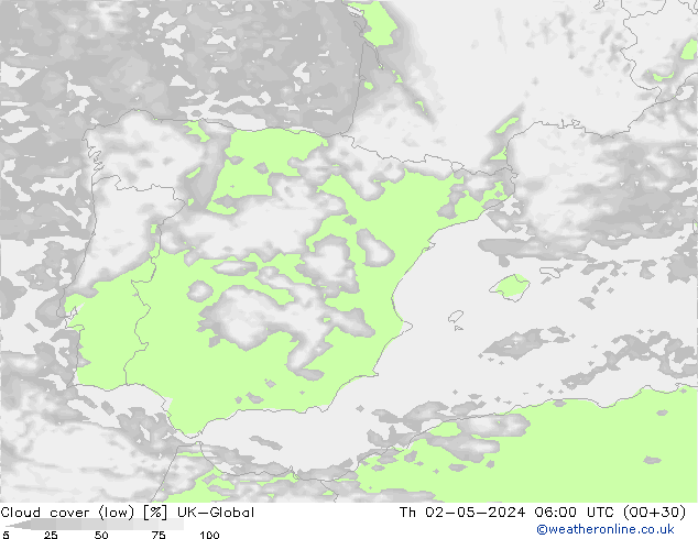 Cloud cover (low) UK-Global Th 02.05.2024 06 UTC