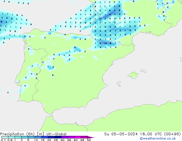 Precipitation (6h) UK-Global Su 05.05.2024 00 UTC