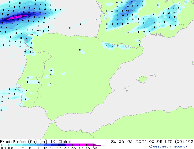 Totale neerslag (6h) UK-Global zo 05.05.2024 06 UTC