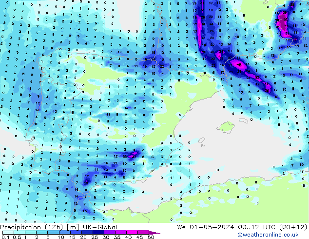 Precipitation (12h) UK-Global We 01.05.2024 12 UTC