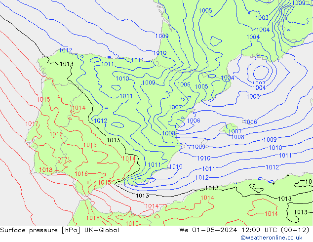 Pressione al suolo UK-Global mer 01.05.2024 12 UTC