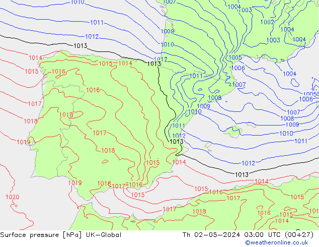 Surface pressure UK-Global Th 02.05.2024 03 UTC