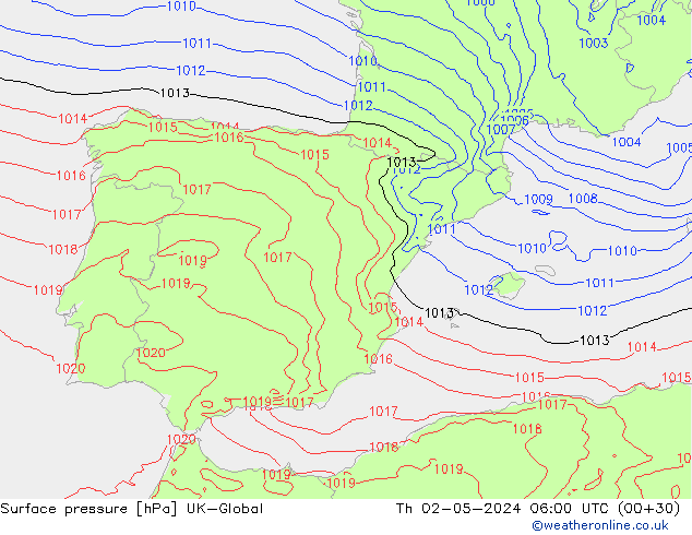 Surface pressure UK-Global Th 02.05.2024 06 UTC