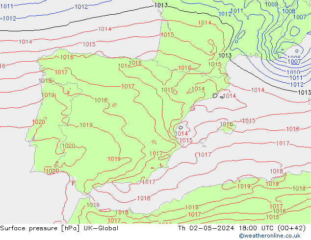 Presión superficial UK-Global jue 02.05.2024 18 UTC