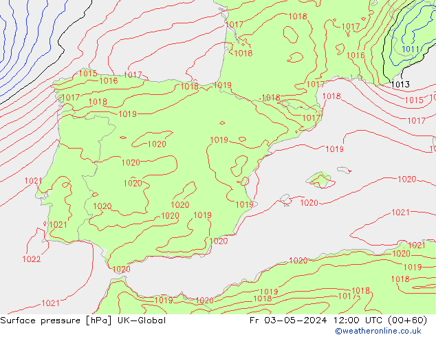 Presión superficial UK-Global vie 03.05.2024 12 UTC