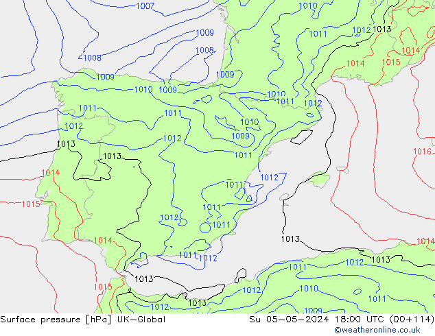 Pressione al suolo UK-Global dom 05.05.2024 18 UTC