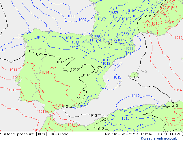 Surface pressure UK-Global Mo 06.05.2024 00 UTC