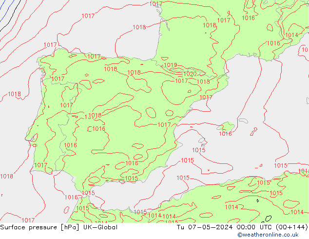 Surface pressure UK-Global Tu 07.05.2024 00 UTC