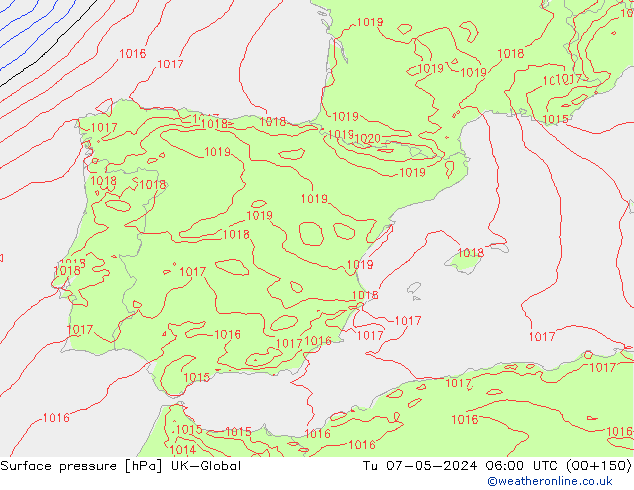 Surface pressure UK-Global Tu 07.05.2024 06 UTC