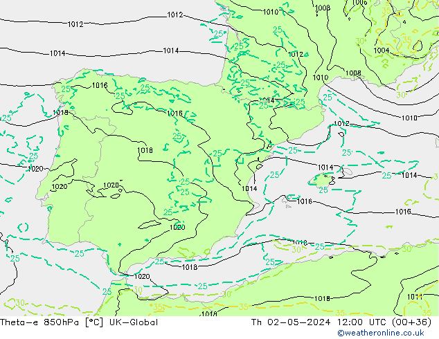 Theta-e 850гПа UK-Global чт 02.05.2024 12 UTC