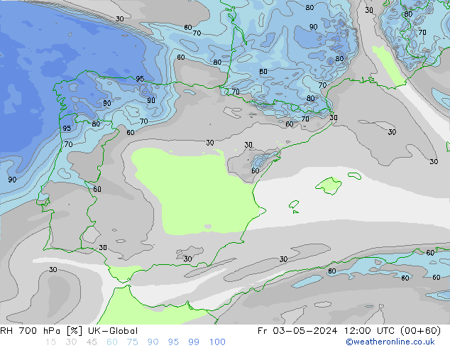 Humidité rel. 700 hPa UK-Global ven 03.05.2024 12 UTC