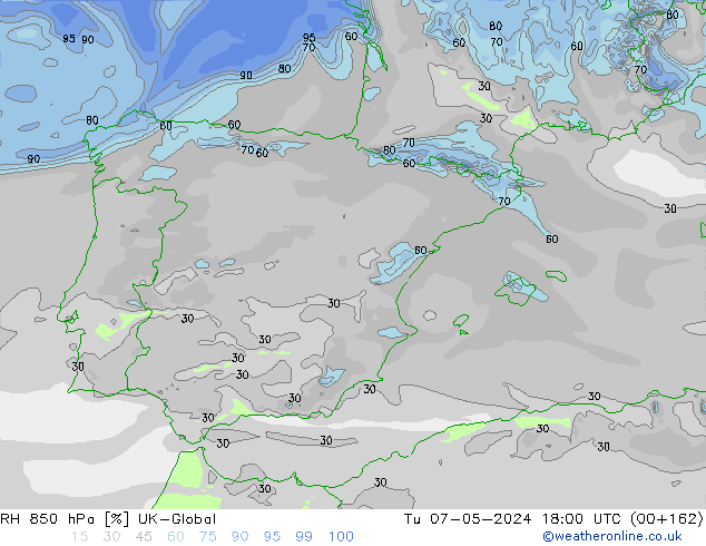 RH 850 hPa UK-Global mar 07.05.2024 18 UTC