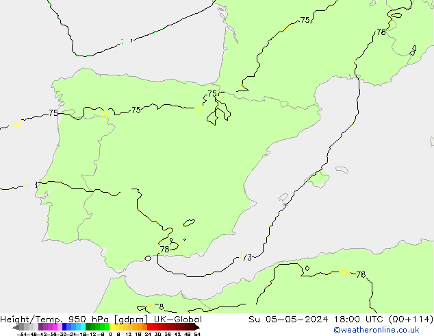 Hoogte/Temp. 950 hPa UK-Global zo 05.05.2024 18 UTC