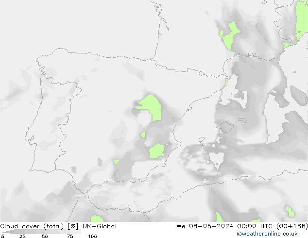 Bewolking (Totaal) UK-Global wo 08.05.2024 00 UTC