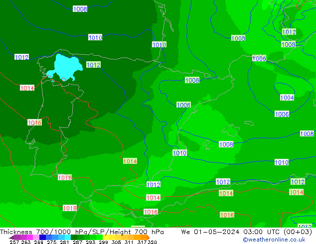 Thck 700-1000 hPa UK-Global We 01.05.2024 03 UTC