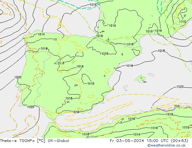 Theta-e 700hPa UK-Global Pá 03.05.2024 15 UTC