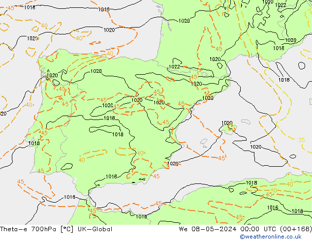 Theta-e 700hPa UK-Global wo 08.05.2024 00 UTC