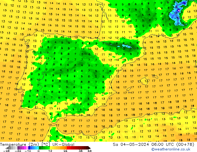 Temperatura (2m) UK-Global Sáb 04.05.2024 06 UTC