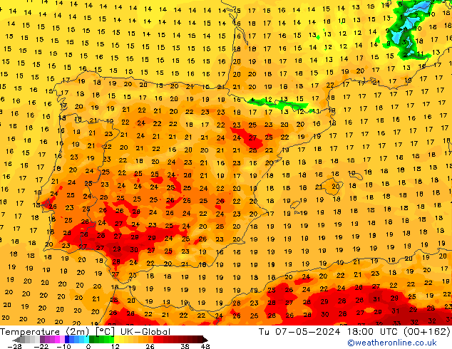 Temperatuurkaart (2m) UK-Global di 07.05.2024 18 UTC