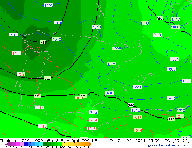 Thck 500-1000hPa UK-Global We 01.05.2024 03 UTC