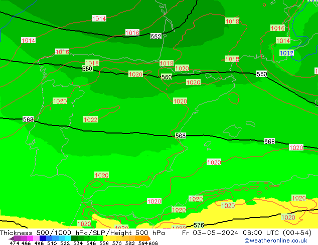 Dikte 500-1000hPa UK-Global vr 03.05.2024 06 UTC