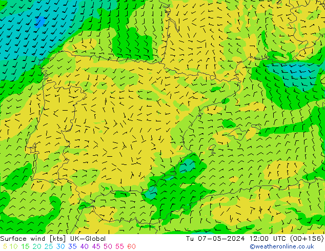 Vento 10 m UK-Global mar 07.05.2024 12 UTC