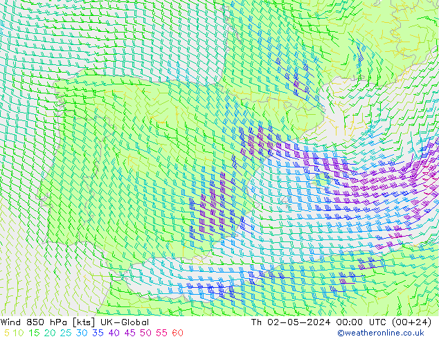 Vent 850 hPa UK-Global jeu 02.05.2024 00 UTC