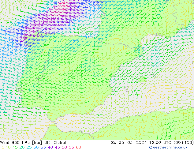 Vento 850 hPa UK-Global Dom 05.05.2024 12 UTC