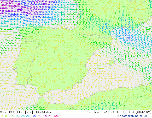 Wind 850 hPa UK-Global Tu 07.05.2024 18 UTC