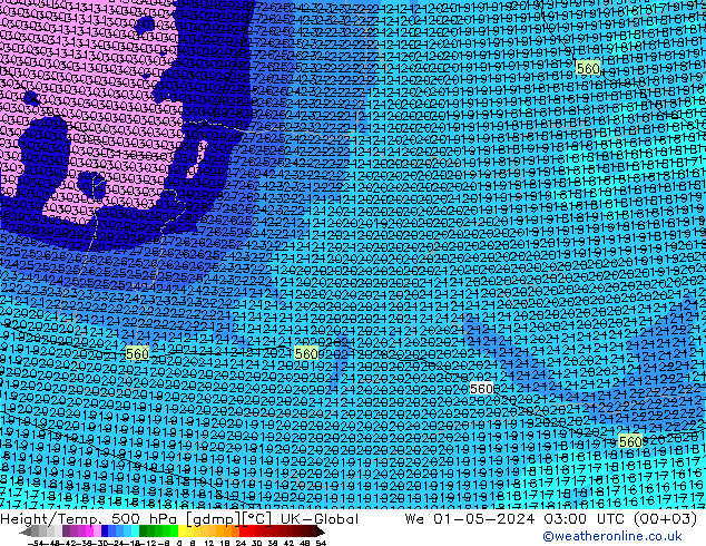 Height/Temp. 500 hPa UK-Global Mi 01.05.2024 03 UTC