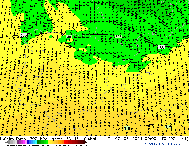 Height/Temp. 700 hPa UK-Global mar 07.05.2024 00 UTC