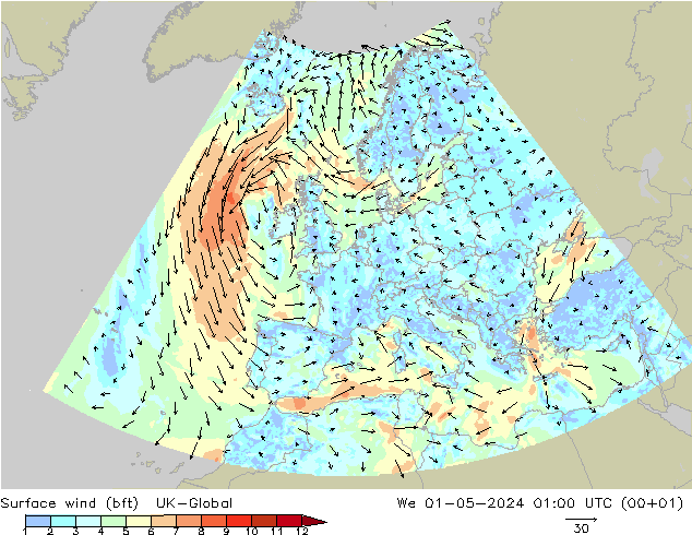 Surface wind (bft) UK-Global We 01.05.2024 01 UTC