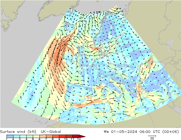 Surface wind (bft) UK-Global We 01.05.2024 06 UTC