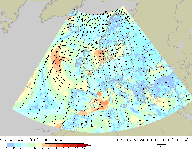 Surface wind (bft) UK-Global Th 02.05.2024 00 UTC