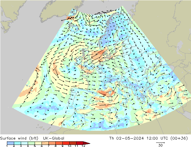 Rüzgar 10 m (bft) UK-Global Per 02.05.2024 12 UTC