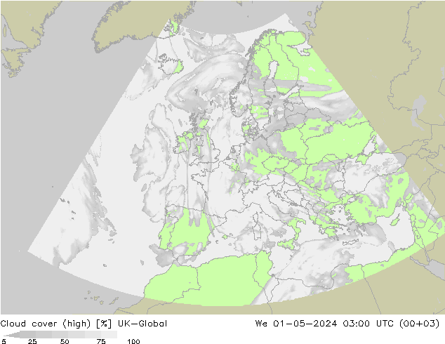 Cloud cover (high) UK-Global We 01.05.2024 03 UTC