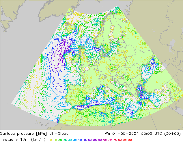 Isotachen (km/h) UK-Global wo 01.05.2024 03 UTC