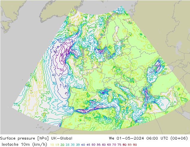 Isotachs (kph) UK-Global mer 01.05.2024 06 UTC