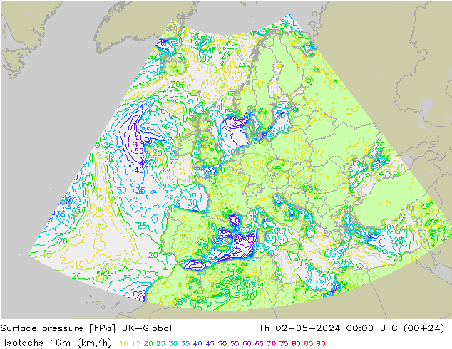 Isotachen (km/h) UK-Global Do 02.05.2024 00 UTC