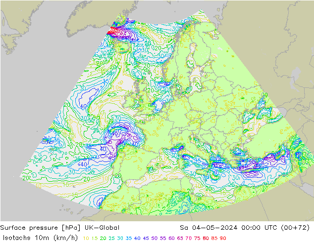 Isotachs (kph) UK-Global Sa 04.05.2024 00 UTC