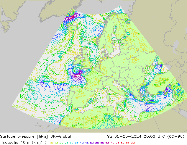 Isotachs (kph) UK-Global Su 05.05.2024 00 UTC